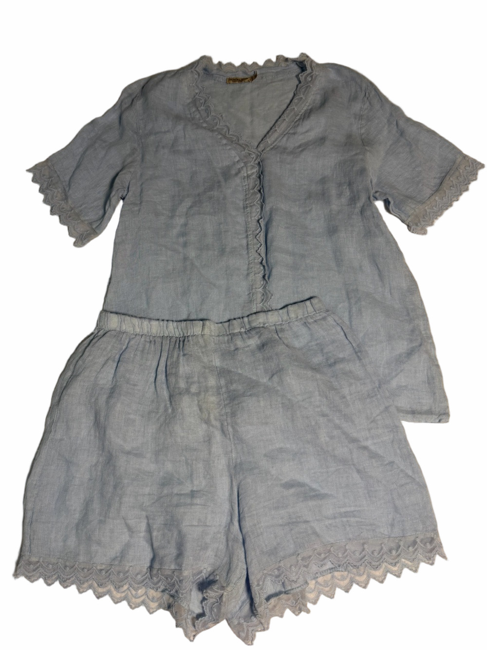 Valentina Naldi 100% Linen Italy Blue 2 Piece Lightweight Shorts Top Pyjamas XL